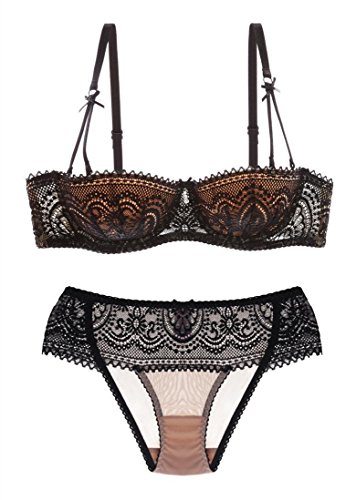 Nature Damen Dünn Abnehmbare Push Up Bralette Spitzen Balconette BH Set - (Schwarz 75D) von ZUKULIFE