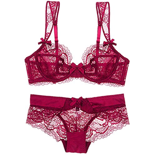 ZUKULIFE Damen Spitze Ungefüttert Dünn Transparente Bügel BH und Panty Set - (Rot 80B) von ZUKULIFE