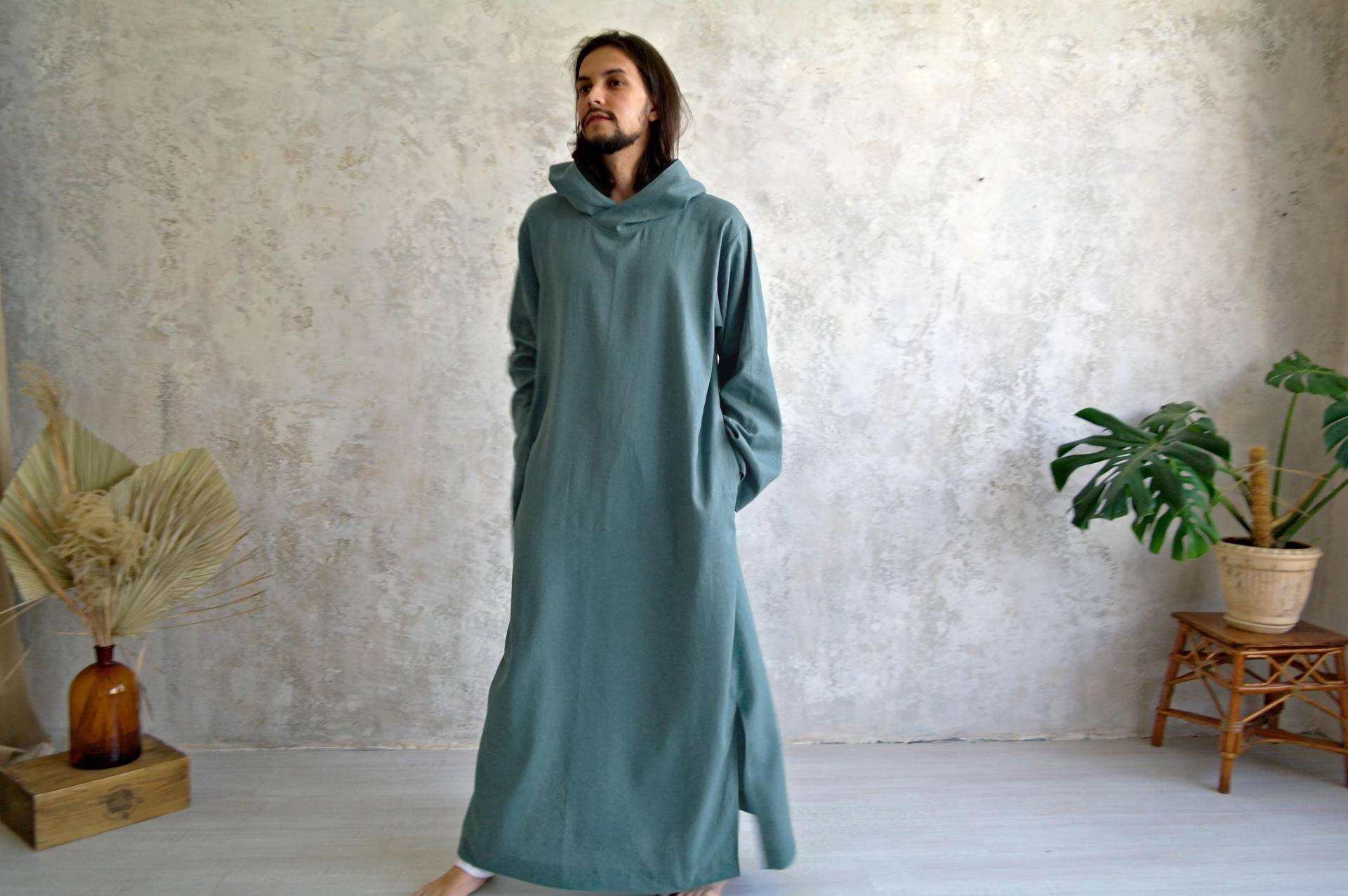 Herren Linen Kaftan, Leinen Kaftan Mit Kapuze, Herren, Langer Hoodie, Bio-Flachs Kaftan, Lange Tunika, Maxi Leinenkleid Kapuze von NatureBreezeShop