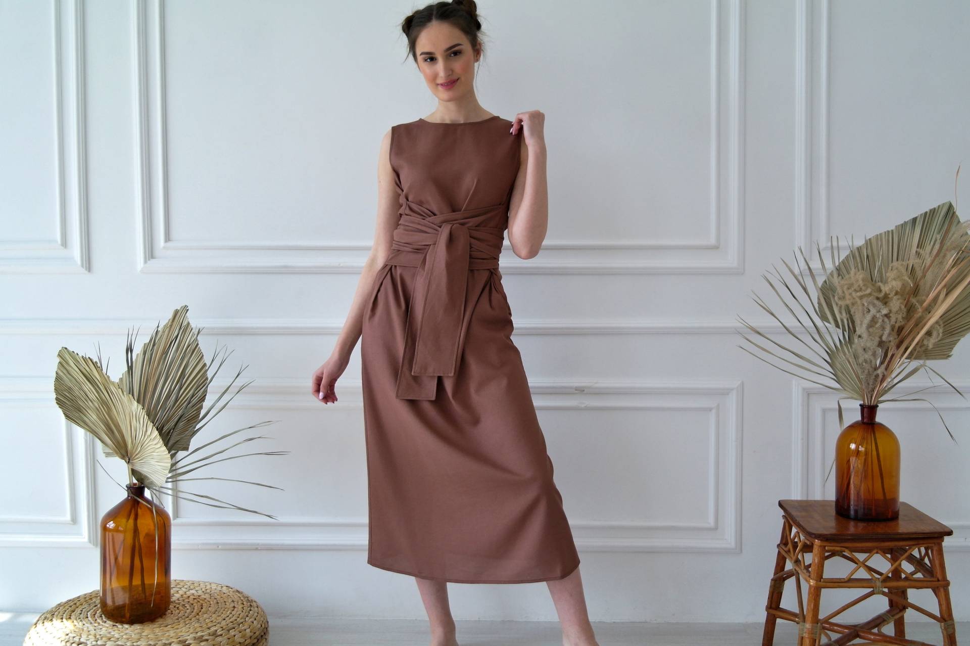 Kimono Leinen Kleid, Größe L, Leinen Kleid Frauen, Langes Kleid, Natürliches Maxi Weiches Bio Flachs von NatureBreezeShop