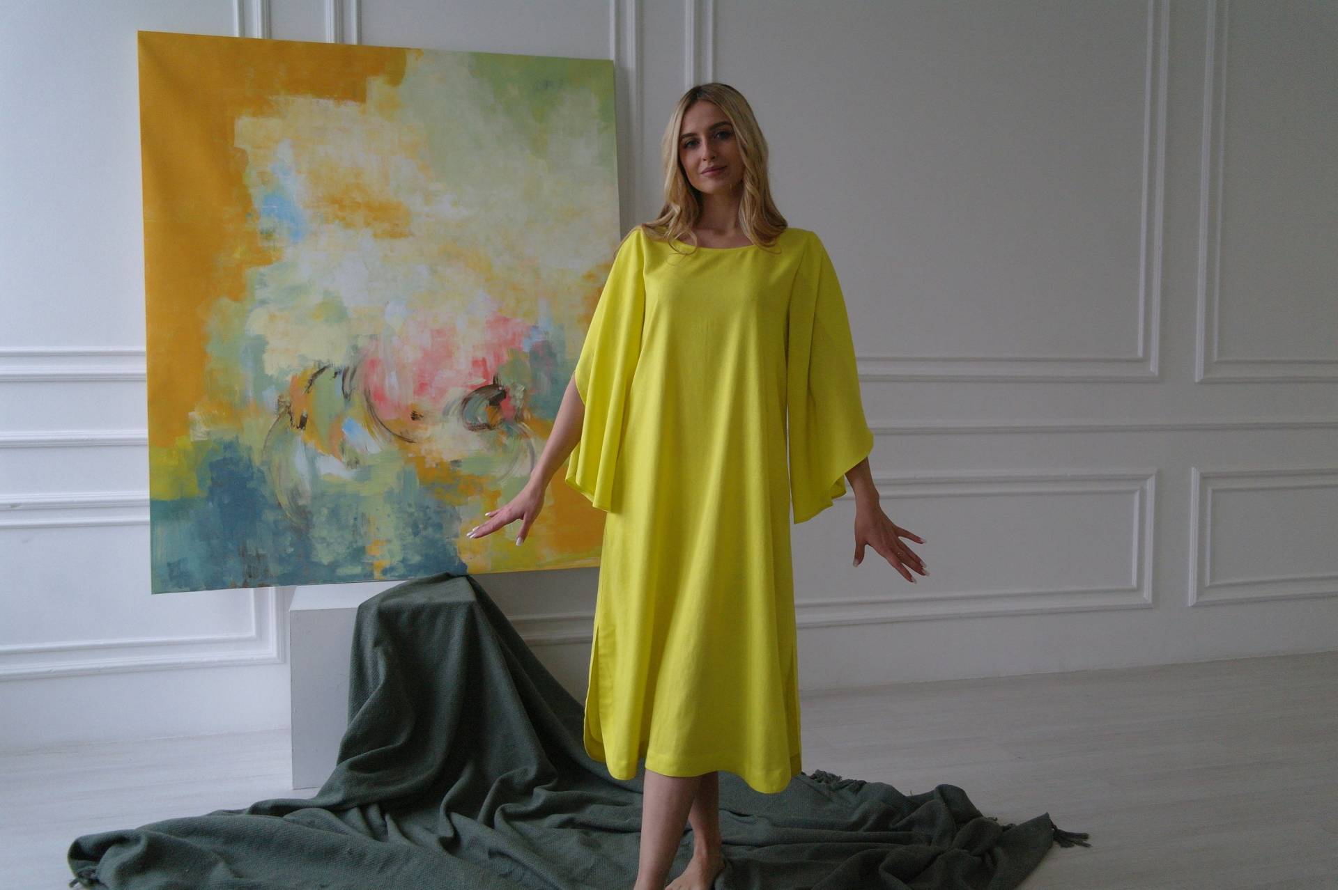 Leinenkleid Frauen, Midi Blütenblattärmel, Leinen A-Linie Kleid Mit Schlitzen, Loses Flachs Kleid, Leinenkleider Bio von NatureBreezeShop