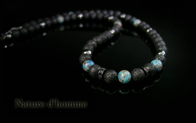 Herrenschmuck - Trendige Schwarze Und Blaue Herrenhalskette Aus Lavastein, Hämatit Marmoriertem Blauen Jaspis Ref Rc-054 von NatureDhomme