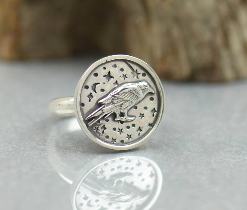 Rabe Ring.artisan Sterling Silber Sterne, Schädel Ring, Exklusive Natur, Handgemachte Spirituelle Avian Ring.vogelliebhaber von NatureJourney