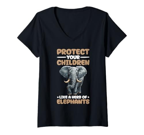 Damen Protect Your Children Like A Herd of Elephants T-Shirt mit V-Ausschnitt von Naturerziehung Liebesinstinkt