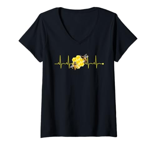 Damen Lustiger Bienenpuls Honigwabe Natur Insekt Spaßfanclub T-Shirt mit V-Ausschnitt Damen Lustiger Bienenpuls Honigwabe Natur Insekt Spaßfanclub T-Shirt mit V-Ausschnitt von Naturfreunde Imker Lächeln Bienenfreude Fans