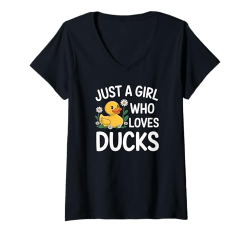 Damen Entenliebendes Mädchen Lustiger Enten Cartoon Humor T-Shirt mit V-Ausschnitt von Naturfreunde Tierliebhaber Niedlich Enten