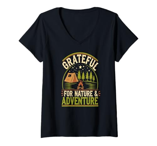Damen Dankbar für Natur und Outdoor Abenteuer Wanderung T-Shirt mit V-Ausschnitt Damen Dankbar für Natur und Outdoor Abenteuer Wanderung T-Shirt mit V-Ausschnitt von Naturfreunde und Camping Outdoor Fans