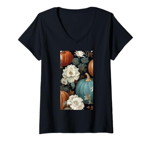 Damen Herbstliche Kürbisernte Blumiger Herbst Cottagecore T-Shirt mit V-Ausschnitt von Naturgeschenk Kürbis für den Herbst