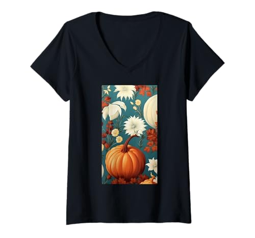 Damen Herbstliche Kürbisernte Blumiger Herbst Cottagecore T-Shirt mit V-Ausschnitt von Naturgeschenk Kürbis für den Herbst
