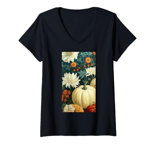 Damen Herbstliche Kürbisernte Blumiger Herbst Cottagecore T-Shirt mit V-Ausschnitt von Naturgeschenk Kürbis für den Herbst