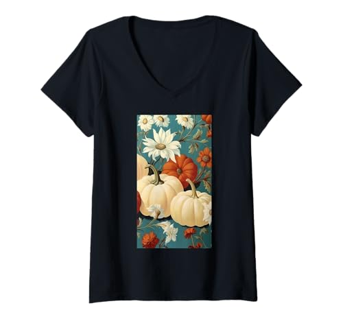 Damen Herbstliche Kürbisernte Blumiger Herbst Cottagecore T-Shirt mit V-Ausschnitt von Naturgeschenk Kürbis für den Herbst