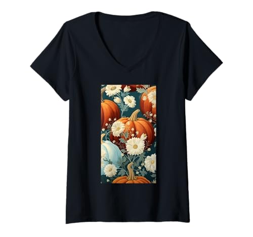 Damen Herbstliche Kürbisernte Blumiger Herbst Cottagecore T-Shirt mit V-Ausschnitt von Naturgeschenk Kürbis für den Herbst