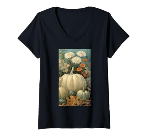 Damen Herbstliche Kürbisernte Blumiger Herbst Cottagecore T-Shirt mit V-Ausschnitt von Naturgeschenk Kürbis für den Herbst
