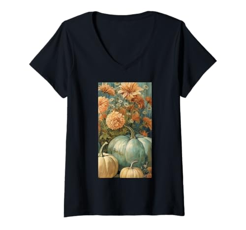 Damen Herbstliche Kürbisernte Blumiger Herbst Cottagecore T-Shirt mit V-Ausschnitt von Naturgeschenk Kürbis für den Herbst