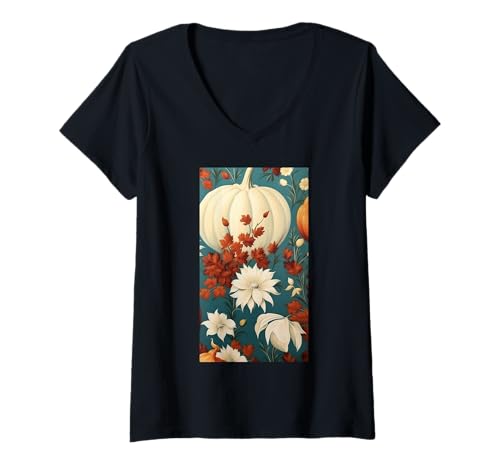 Damen Herbstliche Kürbisernte Blumiger Herbst Cottagecore T-Shirt mit V-Ausschnitt von Naturgeschenk Kürbis für den Herbst