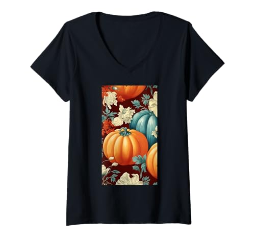 Damen Herbstliche Kürbisernte Blumiger Herbst Cottagecore T-Shirt mit V-Ausschnitt von Naturgeschenk Kürbis für den Herbst