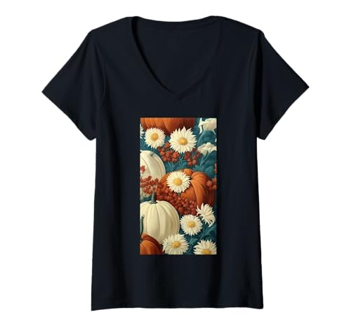 Damen Herbstliche Kürbisernte - Blumiger Herbst Cottagecore T-Shirt mit V-Ausschnitt von Naturgeschenk Kürbis für den Herbst