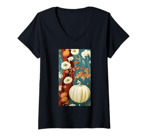 Damen Herbstliche Kürbisernte Blumiger Herbst Cottagecore T-Shirt mit V-Ausschnitt von Naturgeschenk Kürbis für den Herbst