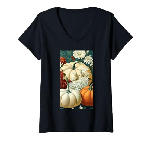 Damen Herbstliche Kürbisernte Blumiger Herbst Cottagecore T-Shirt mit V-Ausschnitt von Naturgeschenk Kürbis für den Herbst