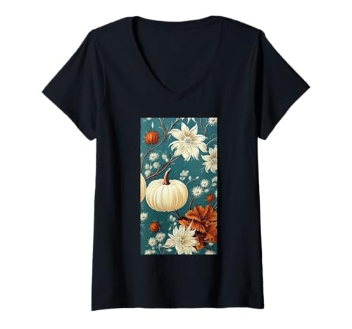 Damen Herbstliche Kürbisernte Blumiger Herbst Cottagecore T-Shirt mit V-Ausschnitt von Naturgeschenk Kürbis für den Herbst