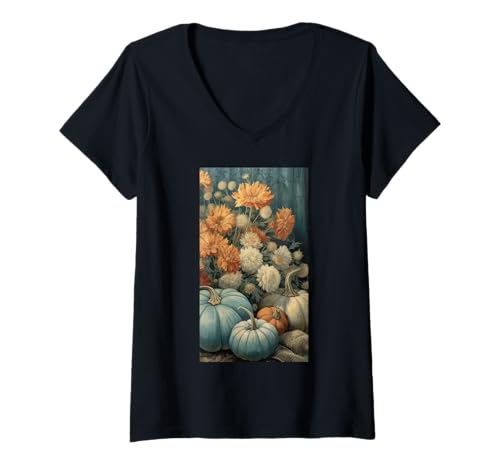 Damen Herbstliche Kürbisernte Blumiger Herbst Cottagecore T-Shirt mit V-Ausschnitt von Naturgeschenk Kürbis für den Herbst