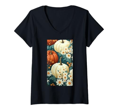 Damen Herbstliche Kürbisernte Blumiger Herbst Cottagecore T-Shirt mit V-Ausschnitt von Naturgeschenk Kürbis für den Herbst