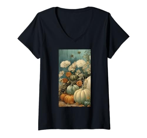 Damen Herbstliche Kürbisernte Blumiger Herbst Cottagecore T-Shirt mit V-Ausschnitt von Naturgeschenk Kürbis für den Herbst