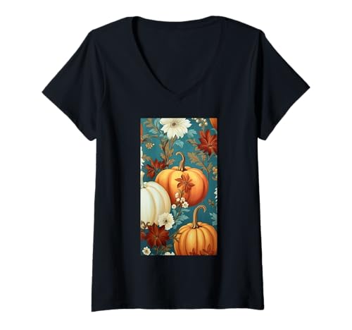 Damen Herbstliche Kürbisernte - Blumiger Herbst Cottagecore T-Shirt mit V-Ausschnitt von Naturgeschenk Kürbis für den Herbst