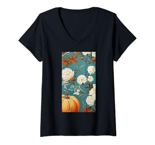 Damen Herbstliche Kürbisernte - Blumiger Herbst Cottagecore T-Shirt mit V-Ausschnitt von Naturgeschenk Kürbis für den Herbst