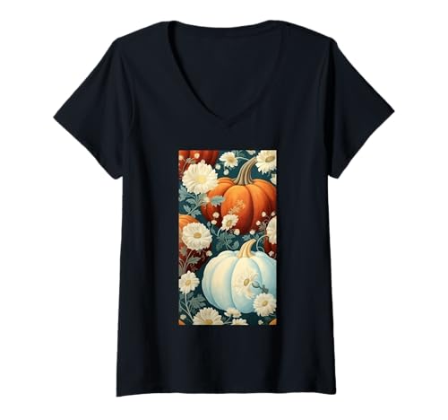 Damen Herbstliche Kürbisernte Blumiger Herbst Cottagecore T-Shirt mit V-Ausschnitt von Naturgeschenk Kürbis für den Herbst