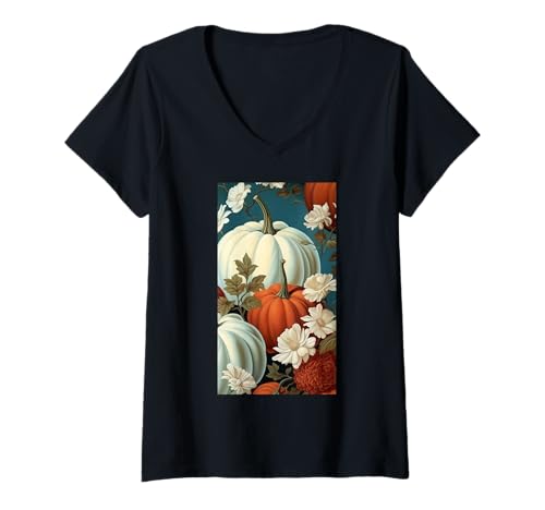 Damen Herbstliche Kürbisernte - Blumiger Herbst Cottagecore T-Shirt mit V-Ausschnitt von Naturgeschenk Kürbis für den Herbst