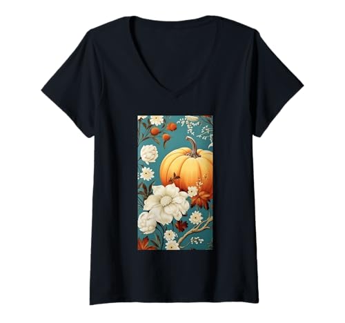 Damen Herbstliche Kürbisernte - Blumiger Herbst Cottagecore T-Shirt mit V-Ausschnitt von Naturgeschenk Kürbis für den Herbst