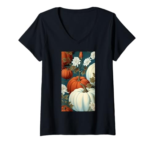 Damen Herbstliche Kürbisernte - Blumiger Herbst Cottagecore T-Shirt mit V-Ausschnitt von Naturgeschenk Kürbis für den Herbst