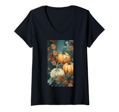 Damen Herbstliche Kürbisernte - Blumiger Herbst Cottagecore T-Shirt mit V-Ausschnitt von Naturgeschenk Kürbis für den Herbst