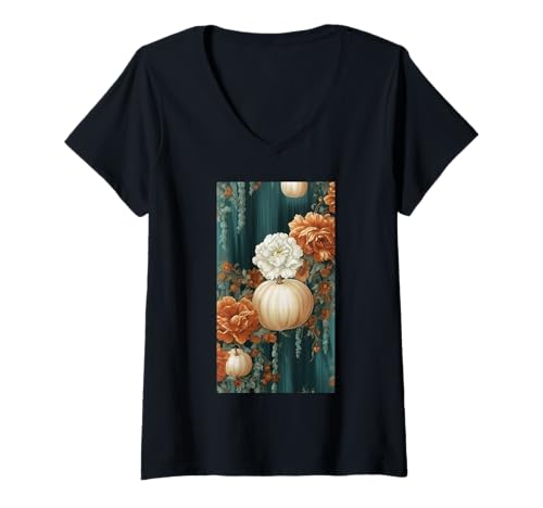 Damen Herbstliche Kürbisernte - Blumiger Herbst Cottagecore T-Shirt mit V-Ausschnitt von Naturgeschenk Kürbis für den Herbst