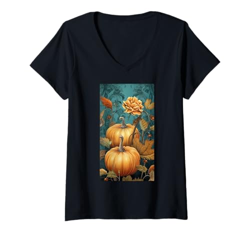 Damen Herbstliche Kürbisernte - Blumiger Herbst Cottagecore T-Shirt mit V-Ausschnitt von Naturgeschenk Kürbis für den Herbst
