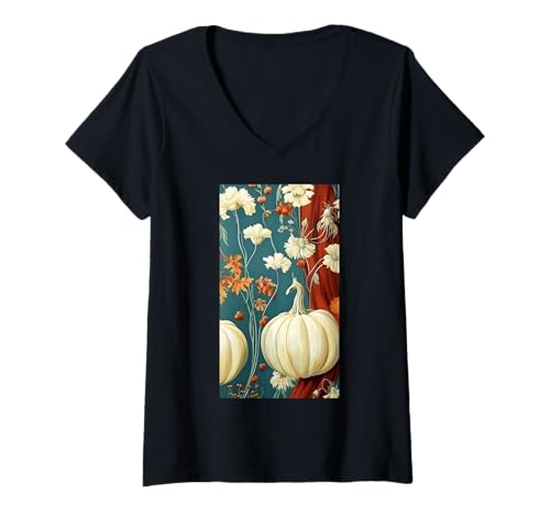 Damen Herbstliche Kürbisernte Blumiger Herbst Cottagecore T-Shirt mit V-Ausschnitt von Naturgeschenk Kürbis für den Herbst