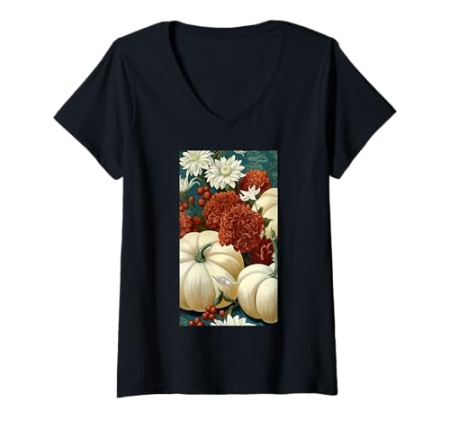 Damen Herbstliche Kürbisernte Blumiger Herbst Cottagecore T-Shirt mit V-Ausschnitt von Naturgeschenk Kürbis für den Herbst