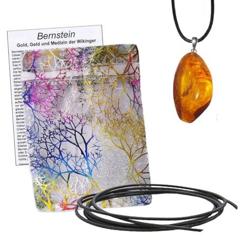 Bernstein Anhänger Schmuck Set mit 925er Silber Öse. Jeder baltische Bernstein ein Unikat von der Ostsee (ca. 2,5cm). Mit Täschchen und Lederband (3-teiliges Set). 60072-10 von Naturheilmittel Heilsteine Methusalem GmbH Neu-Ulm