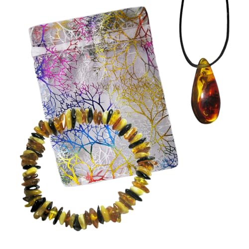 Methusalem Bernstein Anhänger 20-25 mm Baltischer Natur Bernstein (Ostsee) + ARMBAND + Täschchen Blume des Lebens & Lederband. 60070-2 von Methusalem