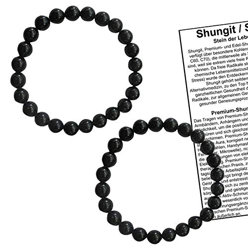 Schungit (Shungit) Edelstein 3-tlg AKTIV Schmuck SET. 2 x ARMBAND (8mm Kugeln) + BESCHREIBUNG. 81450 von Naturheilmittel Heilsteine Methusalem GmbH Neu-Ulm