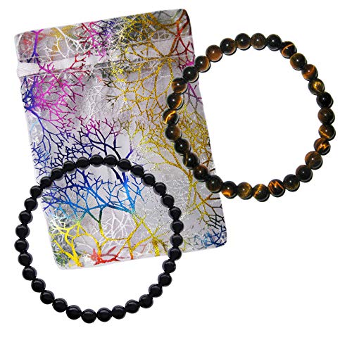 SCHUNGIT Shungite + TIGERAUGE 2x ARMBAND 6mm Kugel Armbänder Edelstein Schmuck für SCHUTZ & SELBSTSICHERHEIT & INTUITION - Stärkt INNERE SONNE. Mit Stofftäschchen. 95040-10 von Naturheilmittel Heilsteine Methusalem GmbH Neu-Ulm