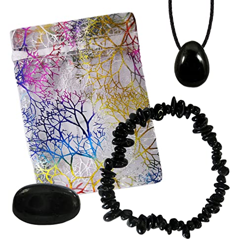 Schwarzer TURMALIN Schutzstein Schmuck Edelstein. 5-tlg Set mit Anhänger + Armband + Taschenstein für Schutz + Auraschutz + NEGATIVES abwehren. Mit Täschchen und Beschreibung. 95450-2 von Naturheilmittel Heilsteine Methusalem GmbH Neu-Ulm
