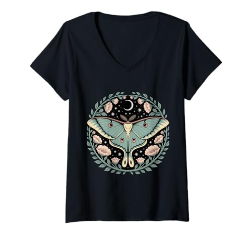 Damen Mondsichel Nachtfalter Botanisch Sterne Floraler Kreis T-Shirt mit V-Ausschnitt von Naturnacht Luna Falter Mondblume Sternenzauber