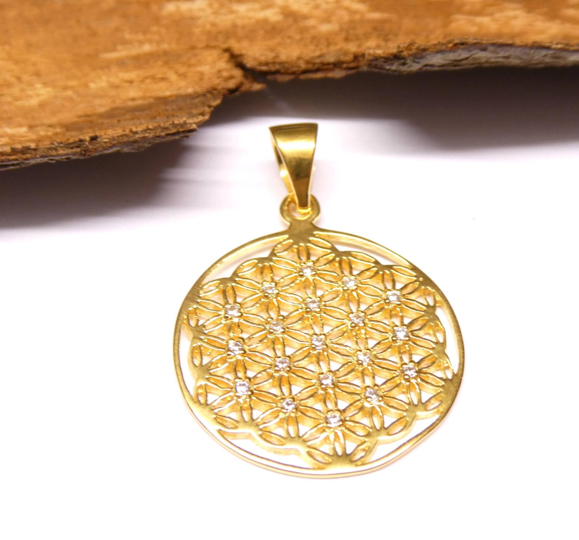Anhänger Silber Vergoldet , Motivanhänger " Blume Des Lebens Sterlingsilber Zirkonia Steine von NaturprodukteBG