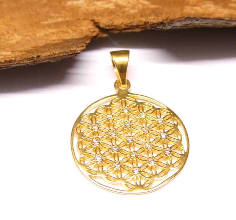 Anhänger Silber Vergoldet , Motivanhänger " Blume Des Lebens Sterlingsilber Zirkonia Steine von NaturprodukteBG