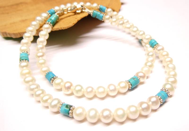 Perlenkette , Echte Süßwasserzuchtperlen Türkis Verschlüsse Sterlingsilber Unikat von NaturprodukteBG