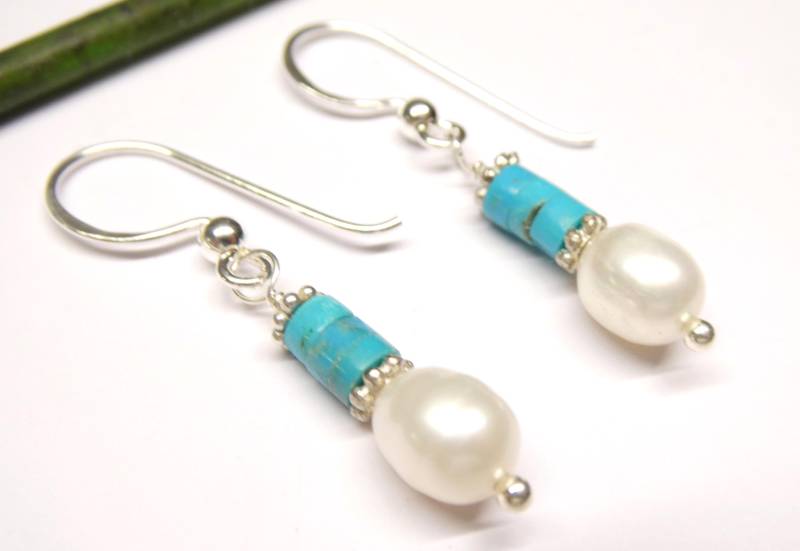 Perlenohrhänger , Echte Süßwasserzuchtperlen Türkis Ohrhaken Sterlingsilber Ohrschmuck Damen von NaturprodukteBG