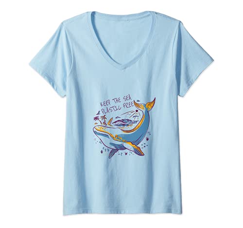 Damen Keep The Sea Plastic Free | Rettet Die Wale Ozean T-Shirt mit V-Ausschnitt Damen Keep The Sea Plastic Free | Rettet Die Wale Ozean T-Shirt mit V-Ausschnitt von Naturschutz Umweltschutz Save The Ocean