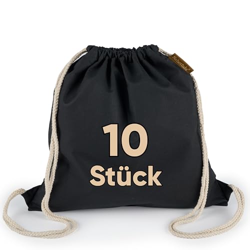 Naturstube® Baumwoll 10er Set Schwarzer Turnbeutel Sportbeutel Zuziehbeutel Gymsack Sack Jute Schule Rucksack von Naturstube